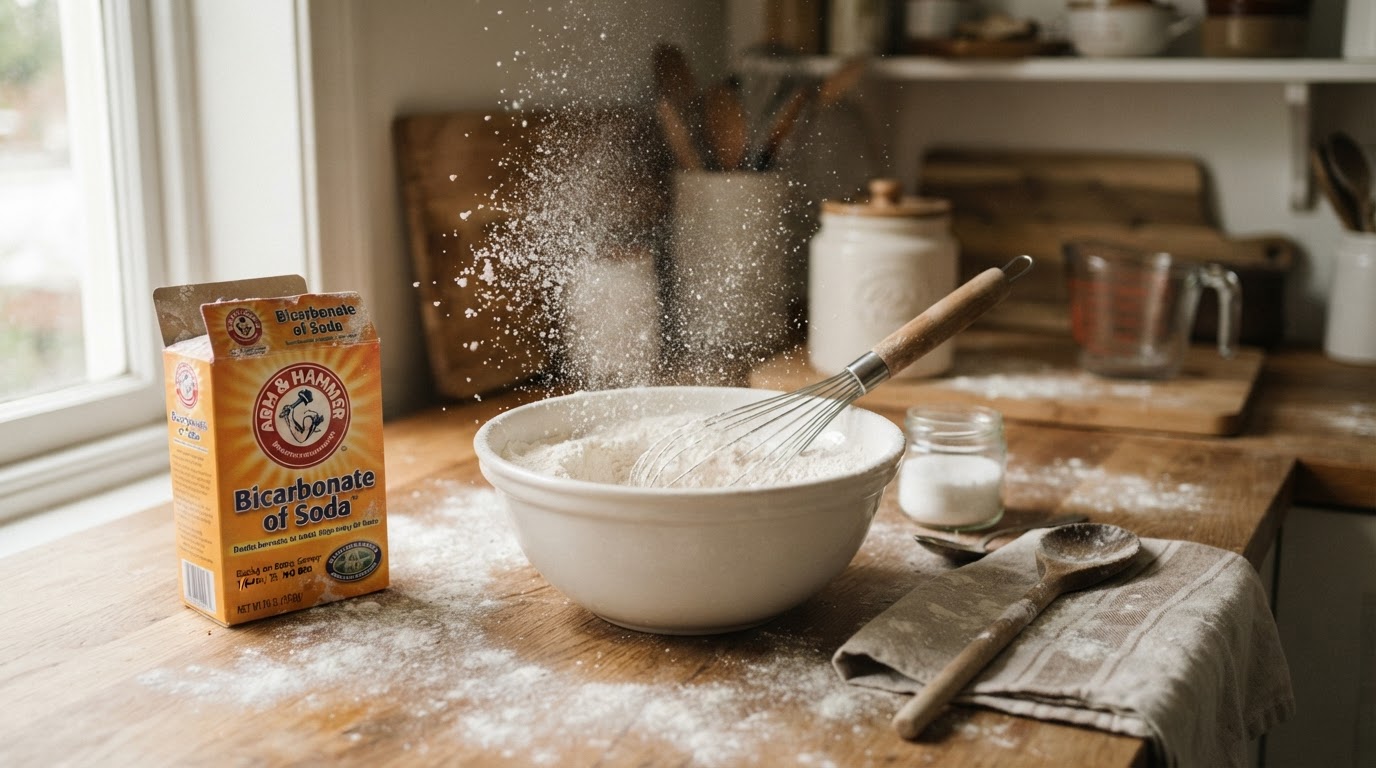 Baking ingredients including a box of bicarbonate of soda (E500), flour and a whisk
