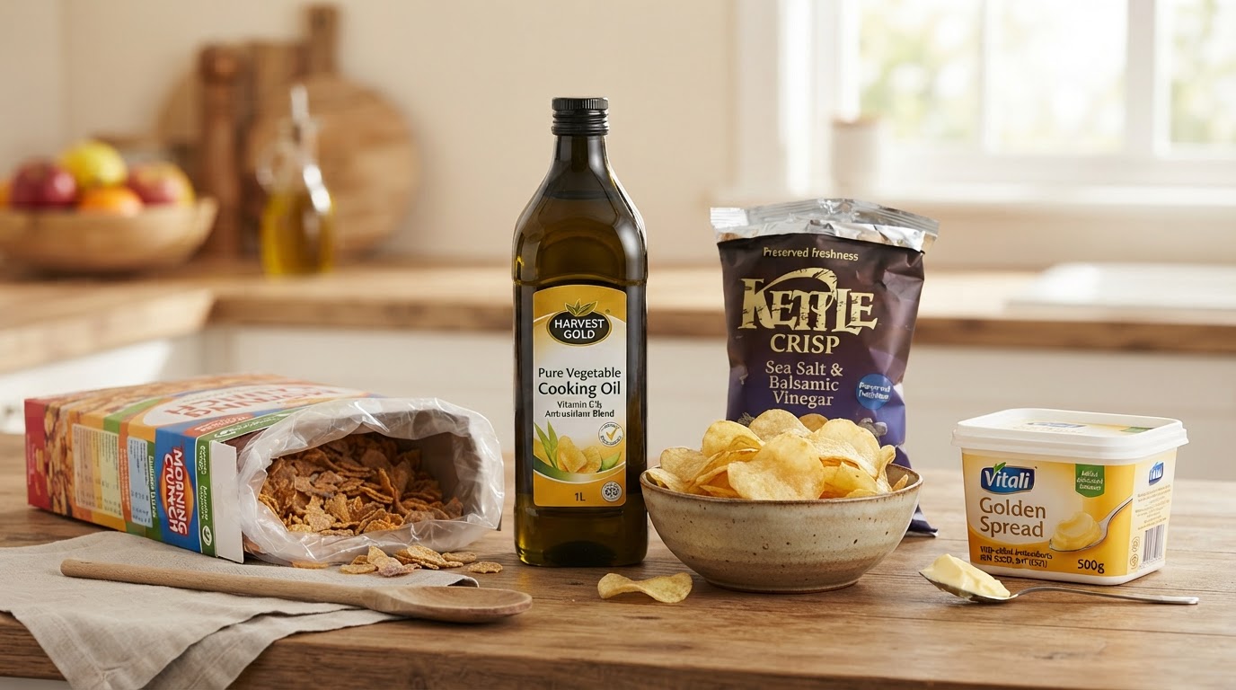 Everyday packaged foods that rely on antioxidants to stay fresh: vegetable cooking oil, potato crisps, breakfast cereal and margarine