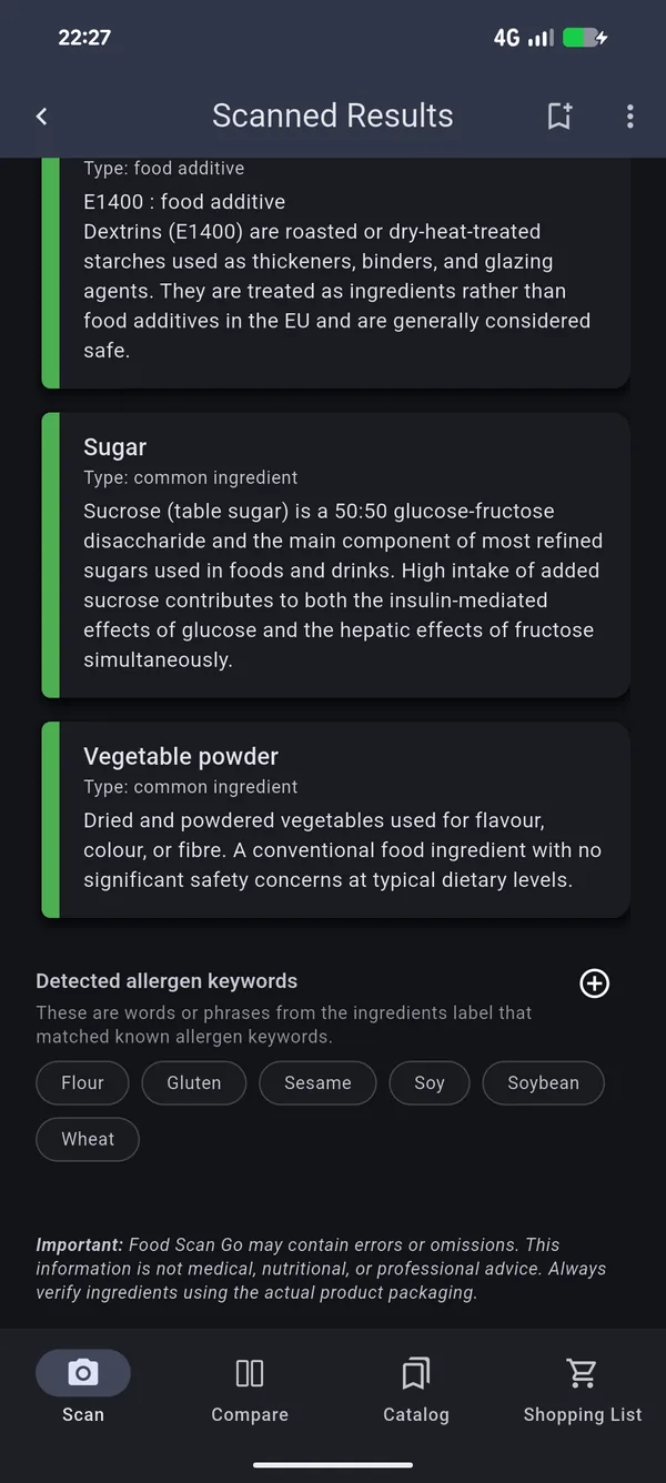 Food Scan Go results screen showing detected allergen keywords such as gluten, soy and sesame
