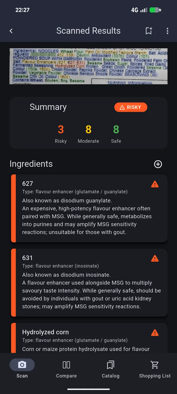 Food Scan Go results screen showing the caution-level summary with Risky, Moderate and Safe counts and colour-coded E-numbers