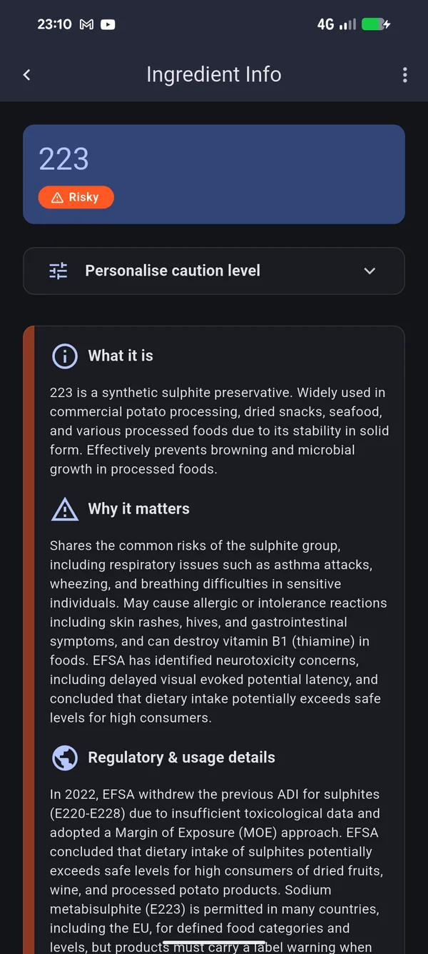 Food Scan Go ingredient info screen explaining additive 223, a sulphite preservative rated Risky, with what it is, why it matters and regulatory details