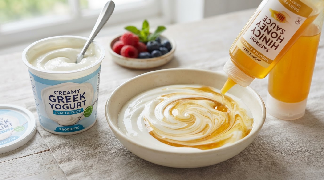 A yogurt tub and a squeeze sauce bottle with a smooth emulsified swirl