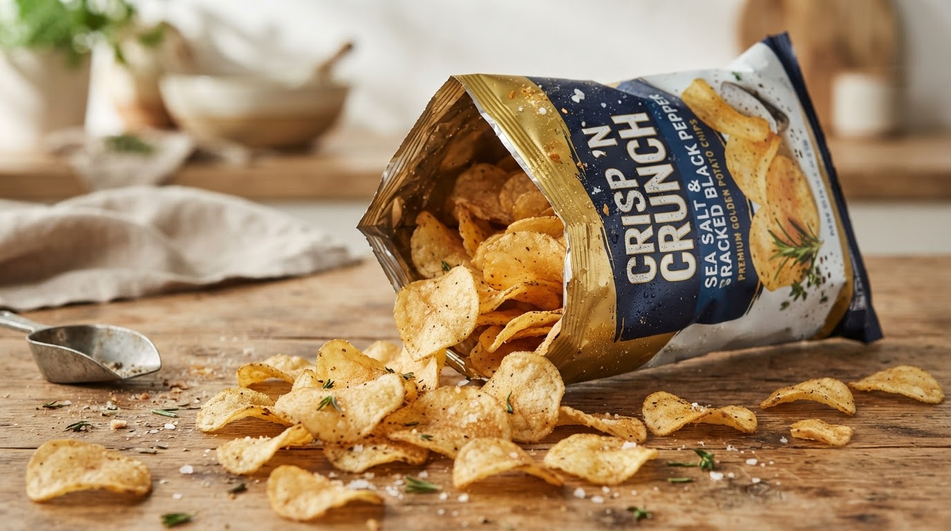 A foil snack pouch with savoury potato crisps spilling out