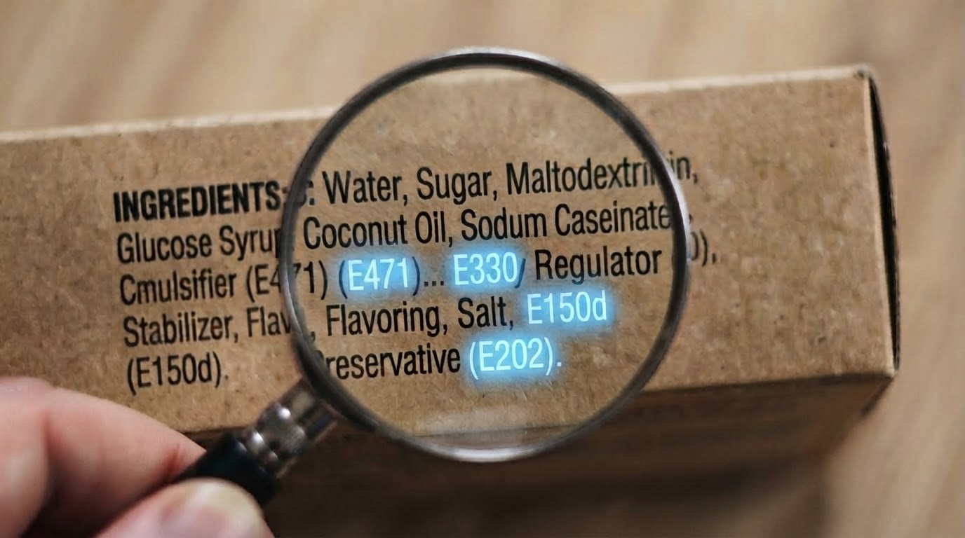 Close-up of an ingredient list, a magnifying glass highlighting E-numbers like E330, E471 and E150d