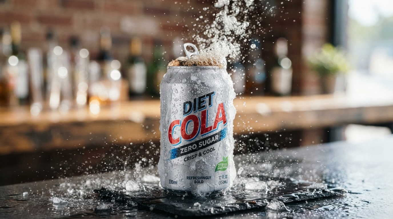A frosty aluminium diet soda can with rising carbonation bubbles